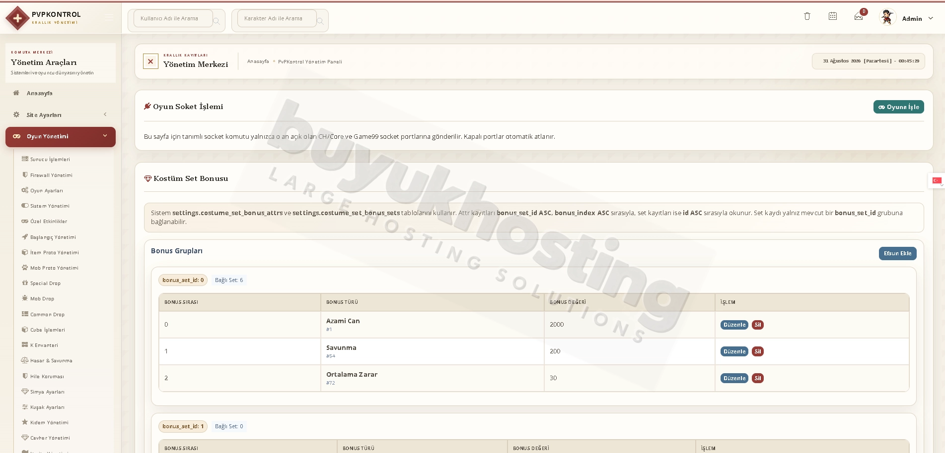 Kostüm Set Bonusu Yönetimi ekran görüntüsü 5/5